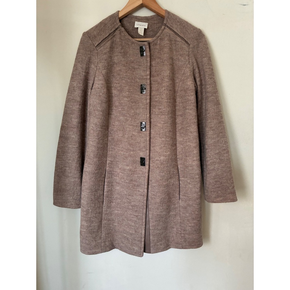 Chicos Wool Coat Mauve Taupe Collarless Minimalist Fall Jacket 1 M